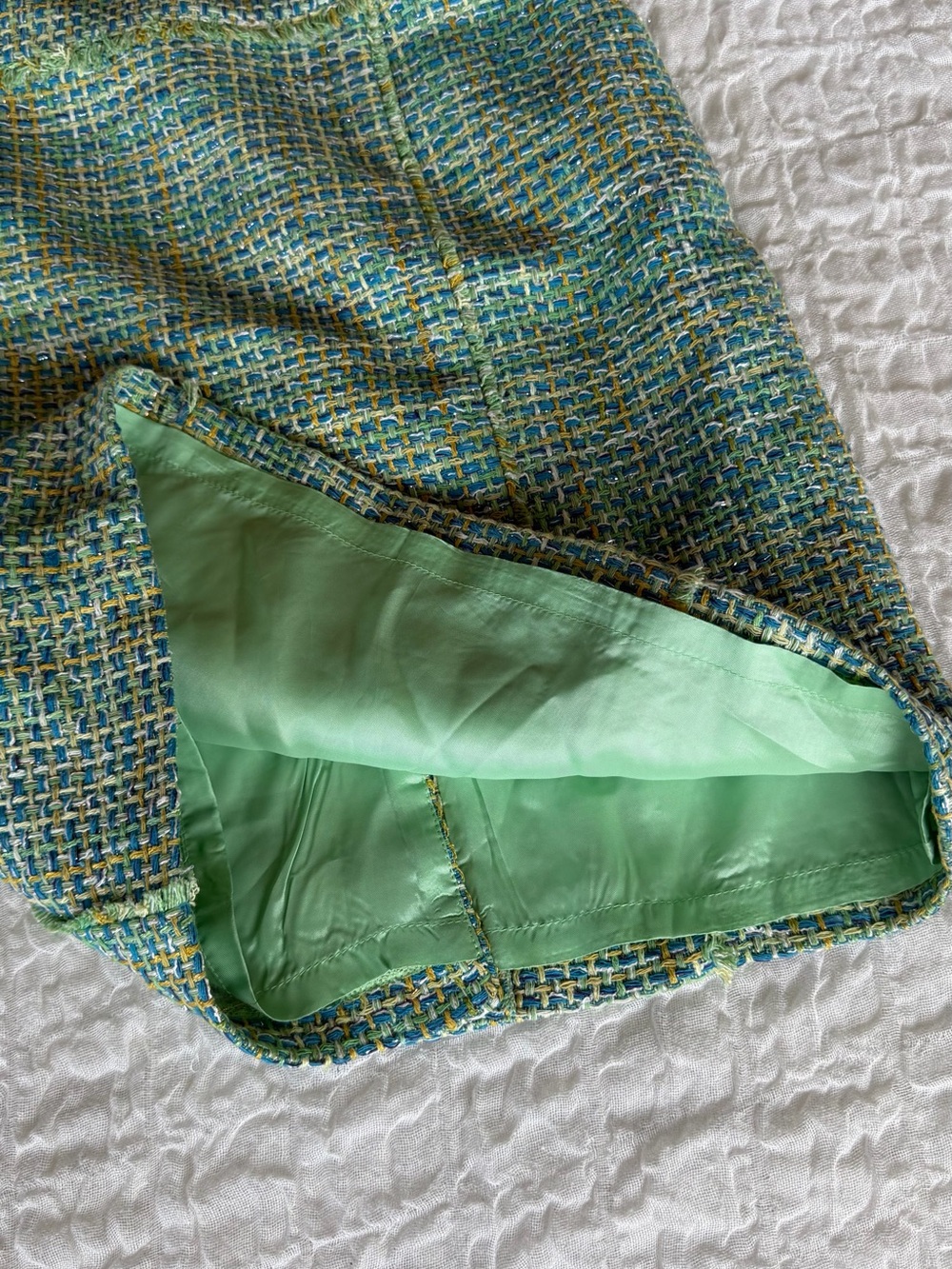 J McLaughlin Tweed A Line Skirt Teal Green Fringe Trim Lined Size 4 - Picture 9 of 12